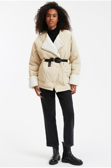Quilted Padded Jacket with Crew Neck, Mid-Length