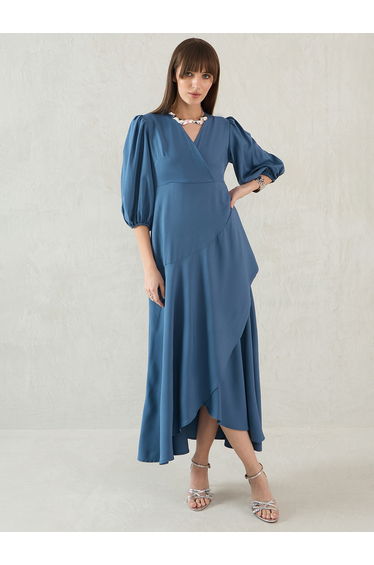 Solid V-Neck Balloon Sleeve Wrap Ruffle Maxi Dress