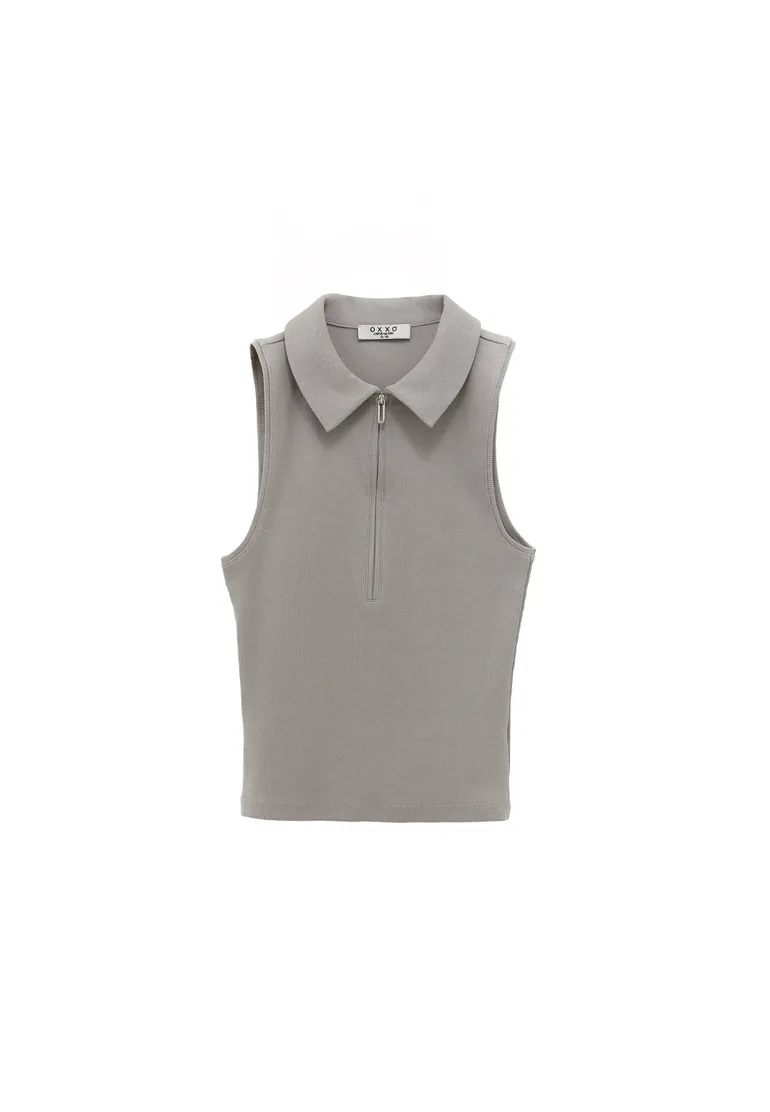 Zip Detailed Polo Collar Tank Top - GHOST GRAY - 4