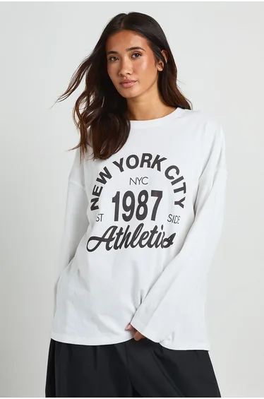 New York Printed Long Sleeve Oversized T-Shirt - white