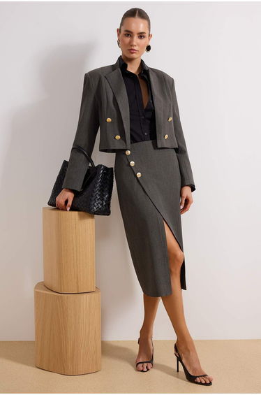Anthracite Slit Buttoned Pencil Woven Midi Skirt