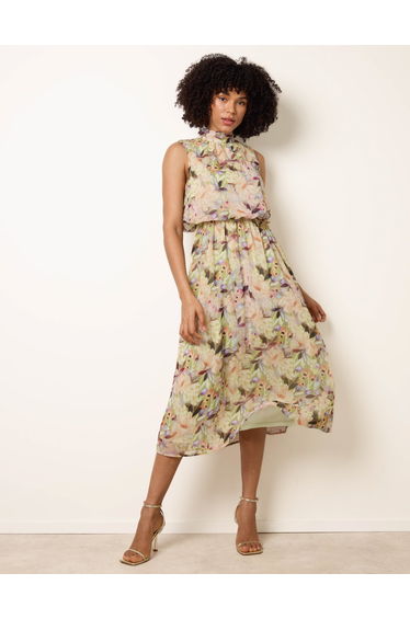 Watercolour Printed Sleeveless Midi Dress