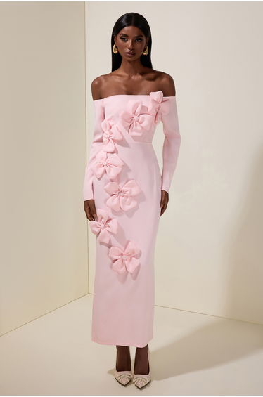 Solid 3D Flower Off-Shoulder Midi Dress