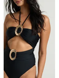 Gold Trim Cut Out Detail Bandeau Swimsuit - black - 2