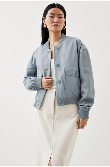 Leather Veg Tan Button Bomber Jacket