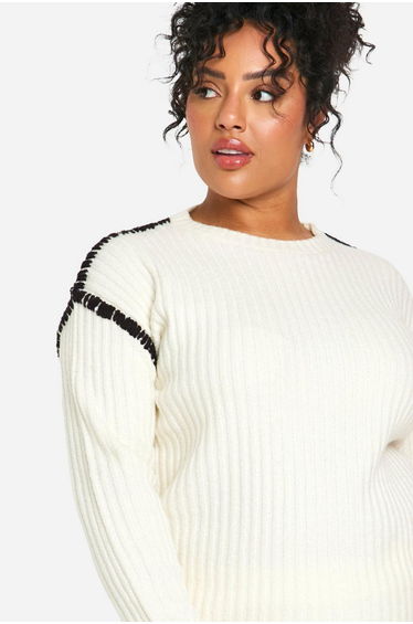 Plus Premium Heavyweight Contrast Trim Jumper And Trouser Knitted Set - ecru product thumbnail 4