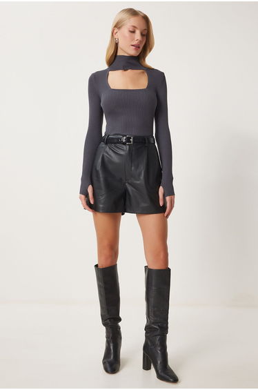 Women's Anthracite Cut Out Detailed Stand Collar Ribbed Knitwear Sweater