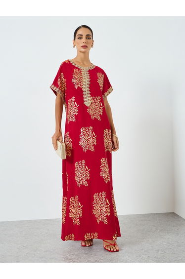 Women Tree Printed Golden Trim Patch Jalabiya