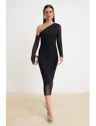 Black Strapless Shiny Stone Detailed Tulle Maxi Lined Party Dress