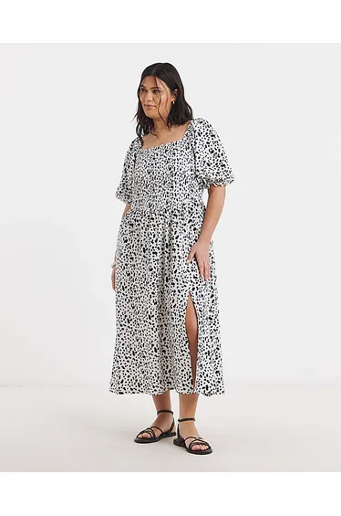 Waffle Shirred Midi Dress