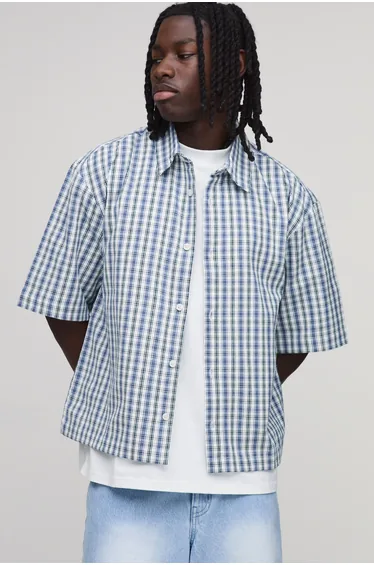 Oversized Boxy Half Sleeve Stylist Microcheck Print Shirt - blue