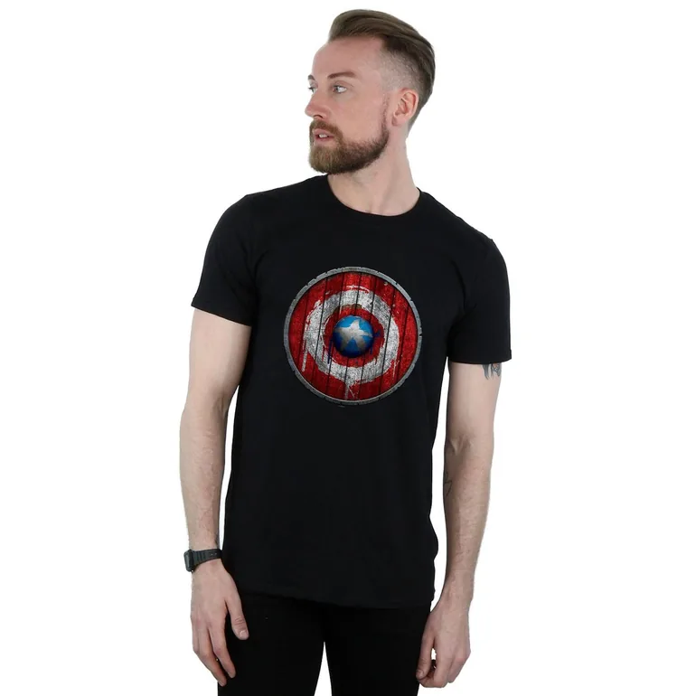 Marvel Mens Captain America Wooden Shield T-Shirt - Black