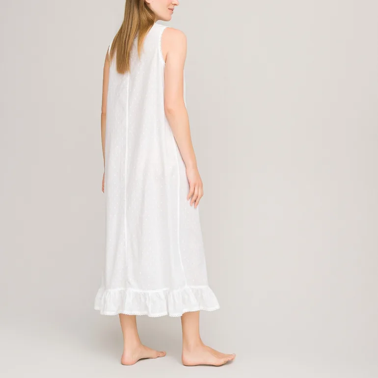 Embroidered Cotton Sleeveless Nightdress with Ruffled Hem - 2