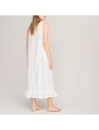 Embroidered Cotton Sleeveless Nightdress with Ruffled Hem - 2