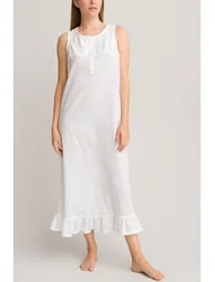 Embroidered Cotton Sleeveless Nightdress with Ruffled Hem