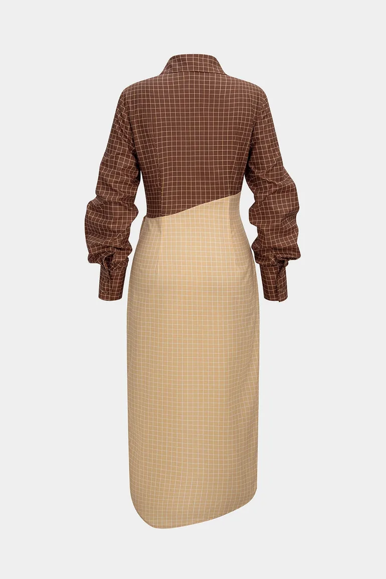 Plaid Print Contrast Asymmetrical Ruched Long Sleeve Midi Dress - 1