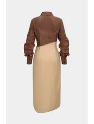 Plaid Print Contrast Asymmetrical Ruched Long Sleeve Midi Dress - 1