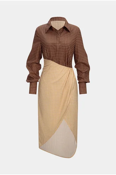 Plaid Print Contrast Asymmetrical Ruched Long Sleeve Midi Dress