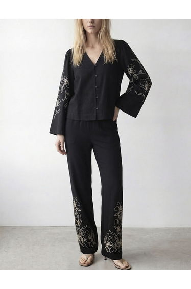 Embroidered Wide Leg Trousers