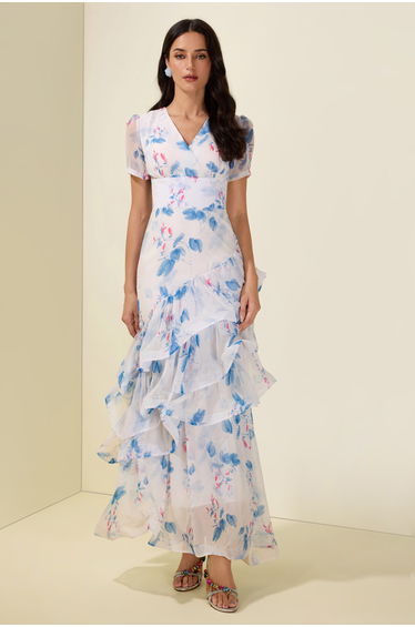 Floral Ruffle V-Neck Maxi Dress
