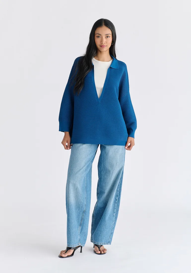 Low Cut Polo Collar Ribbed Jumper