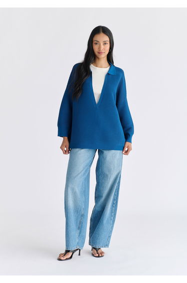 Low Cut Polo Collar Ribbed Jumper