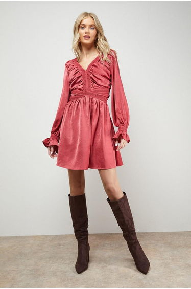 Lace Trim Gathered V Neck Mini Dress
