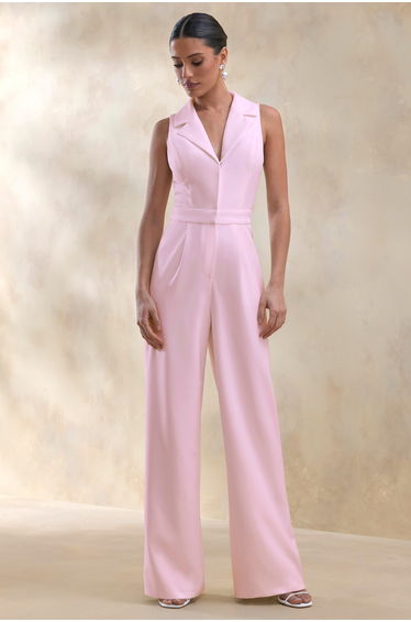 Brillora | Light Pink Plunge-Neck Tailored Jumpsuit