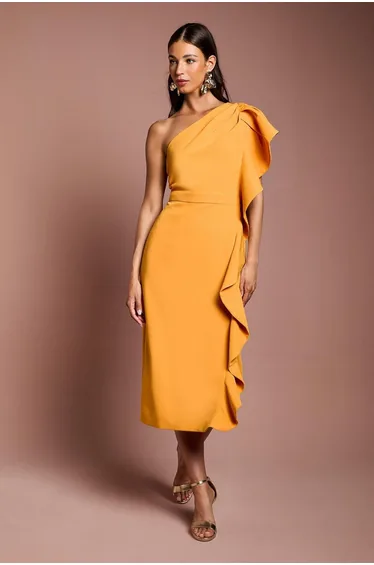 One Shoulder Ruffle Crepe Pencil Midi Dress