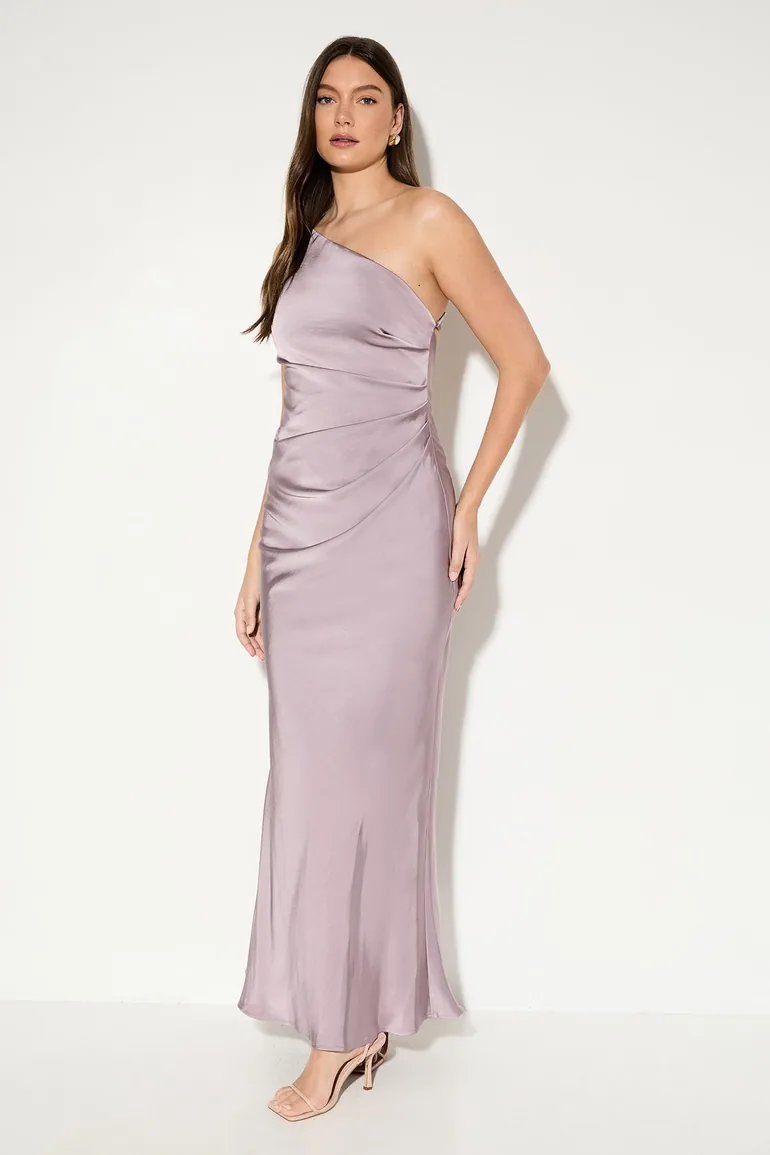 satin asymmetric strap pleated waist low back maxi dress MissPap Women's Satin Asymmetric Strap Pleated Waist Low Back Maxi Bridesmaid Dress in Ivory