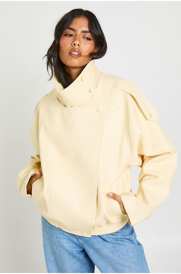 Faux Leather Funnel Neck Jacket - lemon