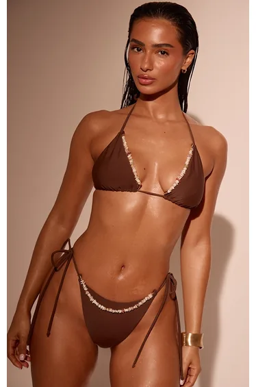 Chocolate Crystal Belly Chain Trim Tie Side Bikini Bottoms