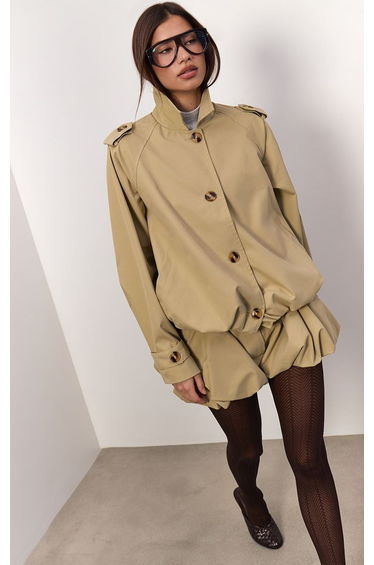 Stone Puffball Hem Cropped Trench Jacket Co-ord