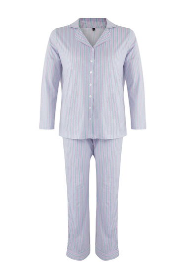 Lilac 100% Cotton Striped Shirt-Pants Knitted Pajama Set