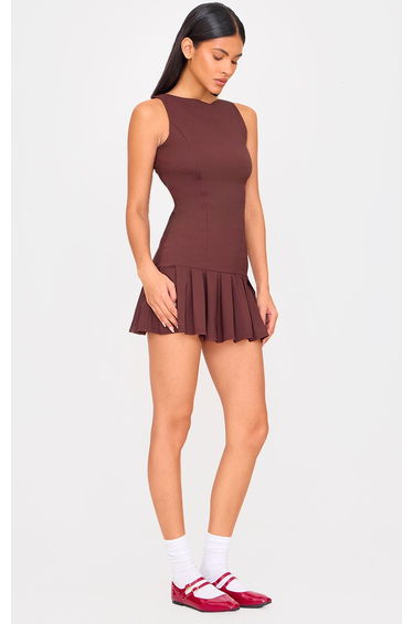 Chocolate Stretch Woven Frill Hem Shift Dress