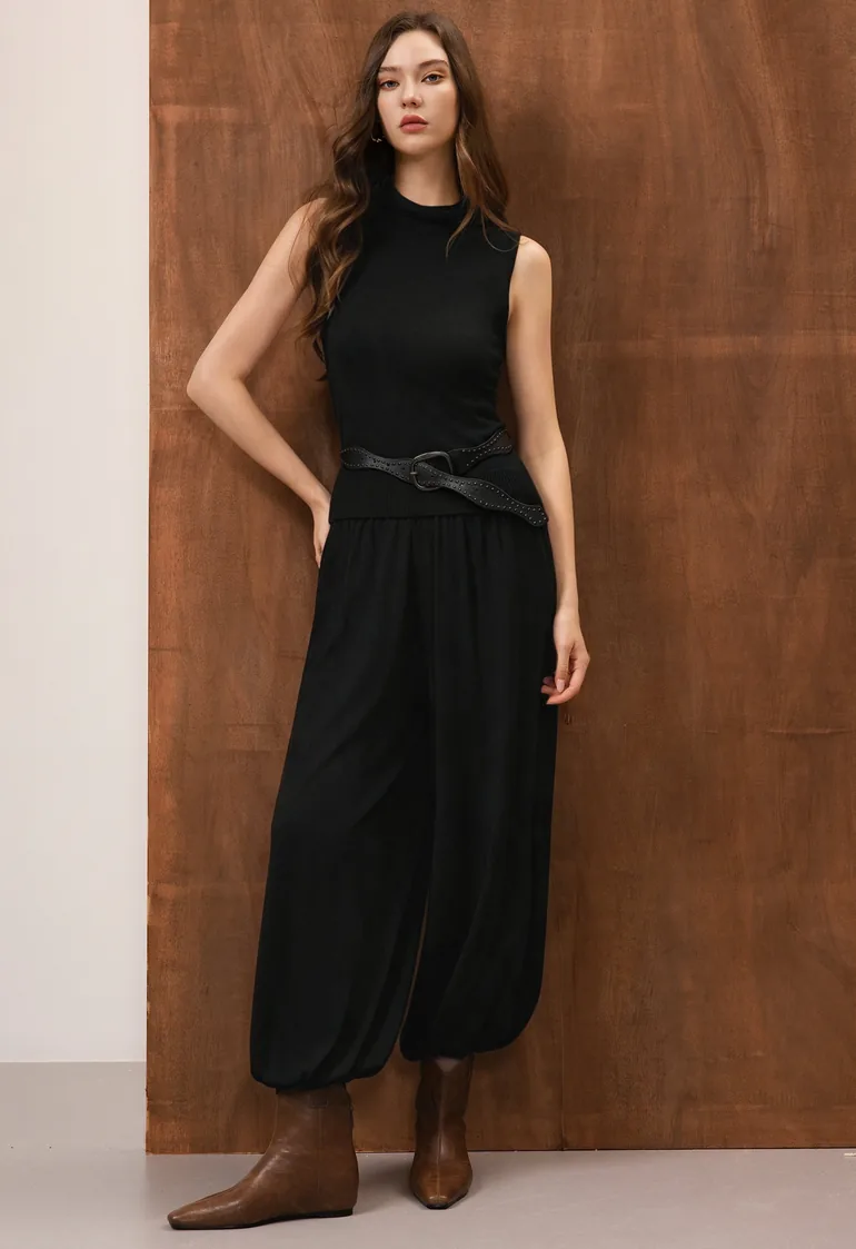 Cowl Neck Sleeveless Knit Top in Black for Office Days & Weekend Gatherings