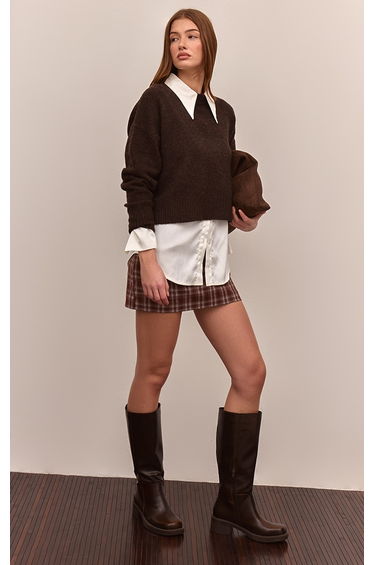 Chocolate Check Woven A Line Mini Skirt