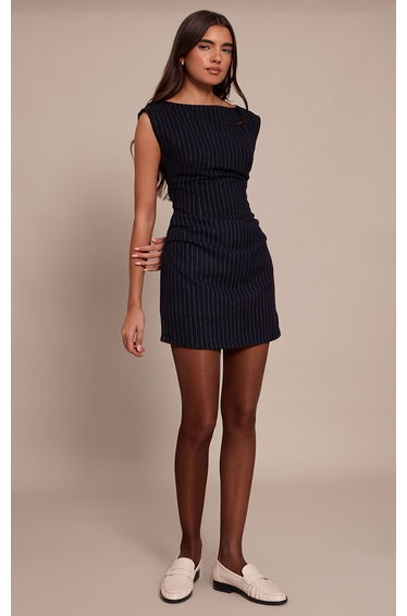 Navy Pinstripe Ruched Bodycon Dress