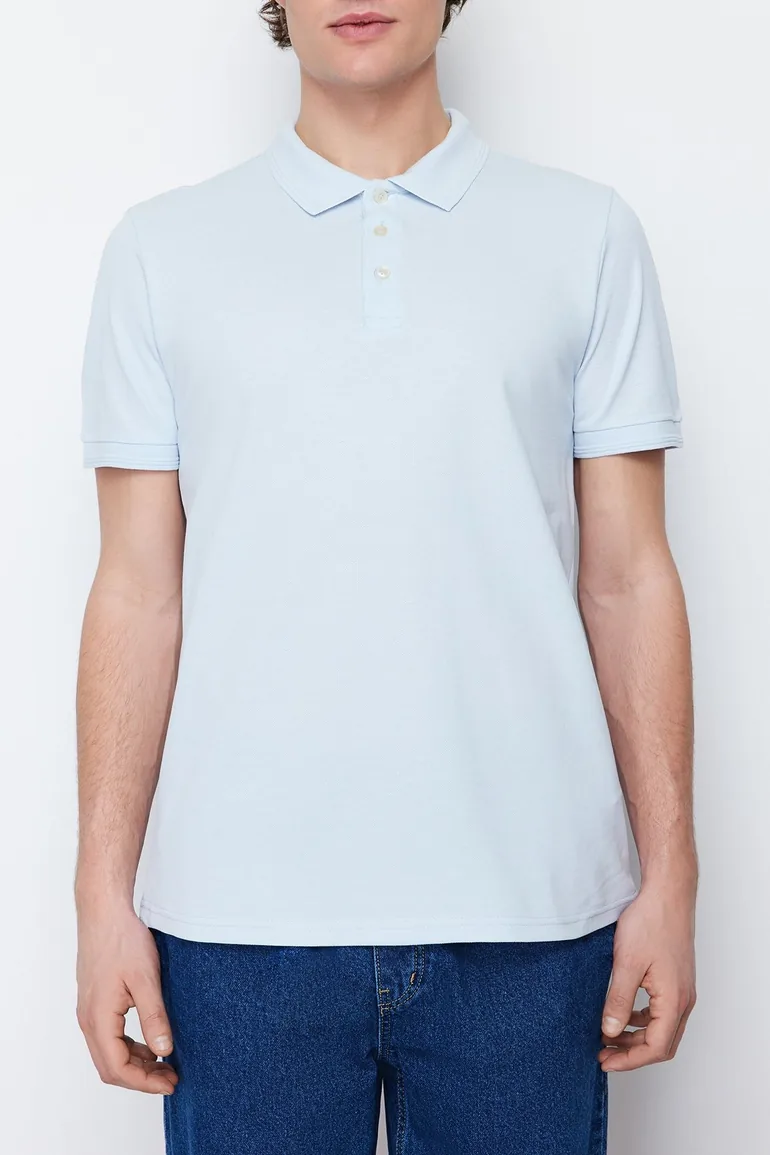 Blue Men's Slim Short Sleeved 100% Cotton Polo Collar T-shirt - 3