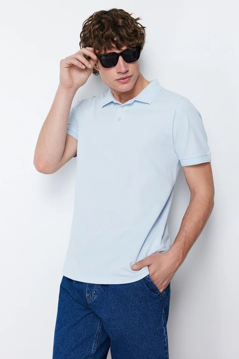 Blue Men's Slim Short Sleeved 100% Cotton Polo Collar T-shirt - 1