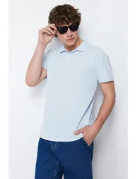 Blue Men's Slim Short Sleeved 100% Cotton Polo Collar T-shirt - 1