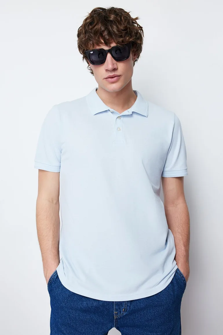 Blue Men's Slim Short Sleeved 100% Cotton Polo Collar T-shirt - 2