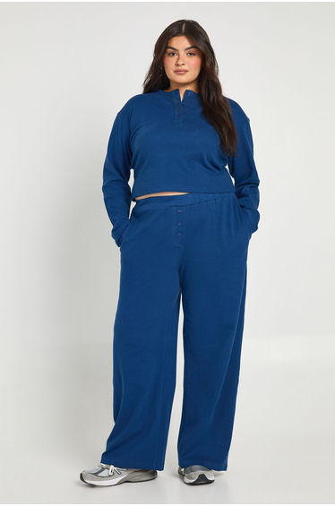 Plus Cotton Button Through Crew Neck Top & Trouser Co Ord - navy