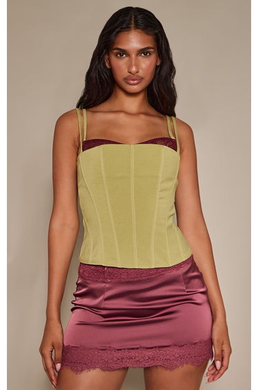 Chartreuse Woven Contrast Lace Detail Strappy Corset