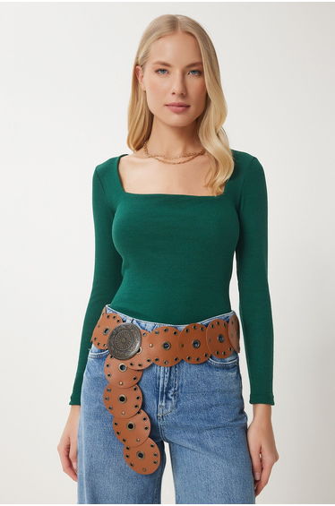 Women's Green Square Neck Ribbed Knitted Blouse