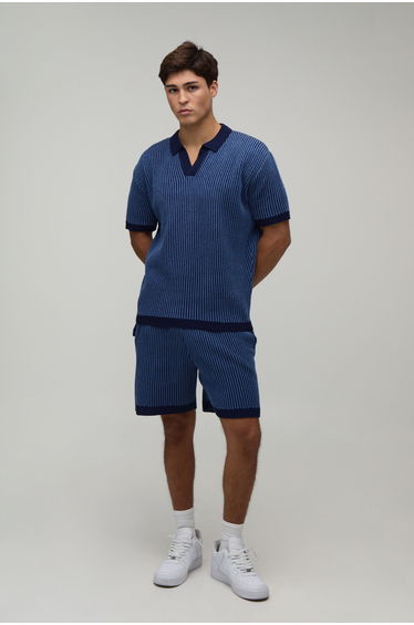 Relaxed Cotton Blend V Neck Polo and Short Knitted Set - navy