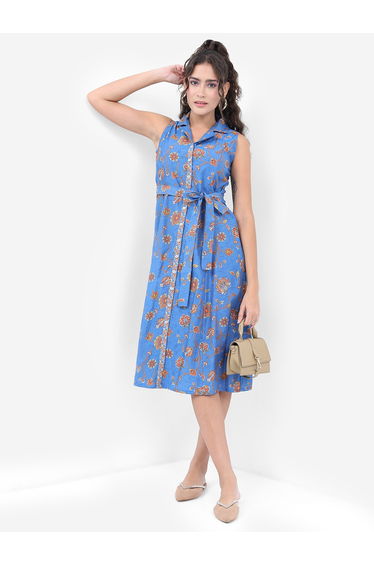 Floral Printed Belted Shirt Midi Dress