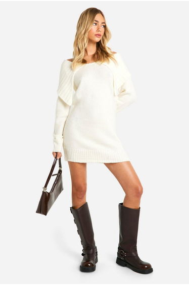 Soft Knit Oversized Collar Off The Shoulder Jumper Dress - ecru