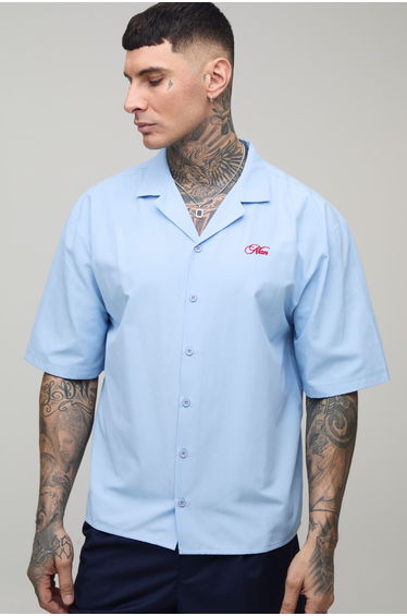 Tall Oversized Boxy French Riviera Embroidered Half Sleeve Shirt - light blue