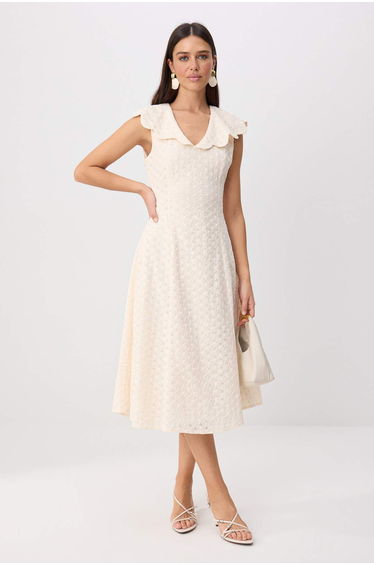 White Embroidered Midi Woven Dress